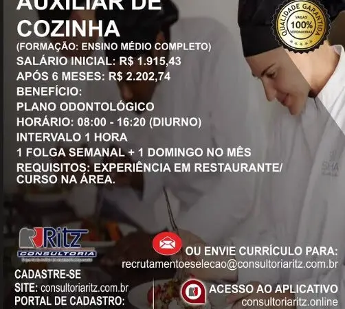 1 Vaga de emprego para Auxiliar De Cozinha sem experiência na empresa Ritz Consultoria em 09/09