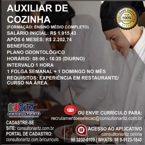 1 Vaga de emprego para Auxiliar De Cozinha sem experiência na empresa Ritz Consultoria em 09/09