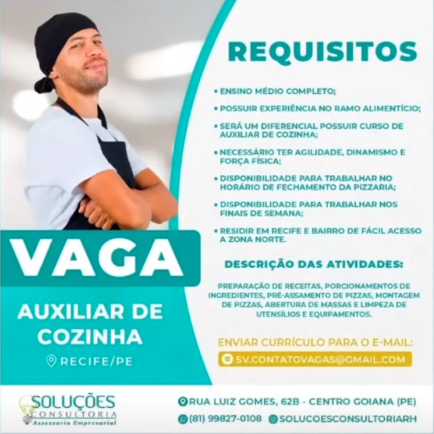 1 Vaga de emprego para Auxiliar De Cozinha na empresa Soluções de RH em 18/09