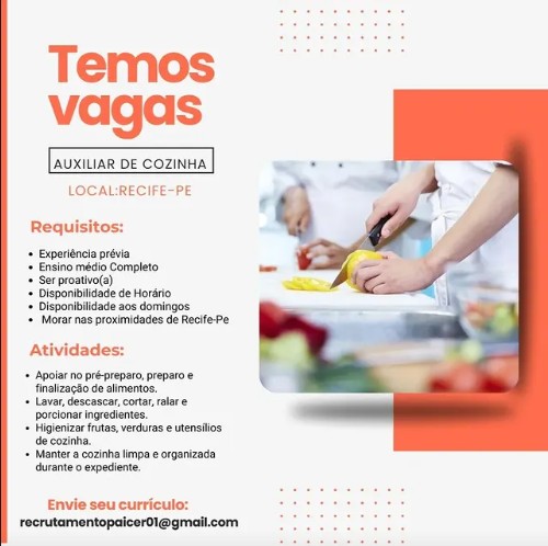 1 Vaga de emprego para Auxiliar De Cozinha no Segmento alimentício em 18/09