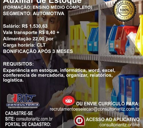 1 Vaga de emprego para Auxiliar De Estoque na empresa Ritz Consultoria em 12/09