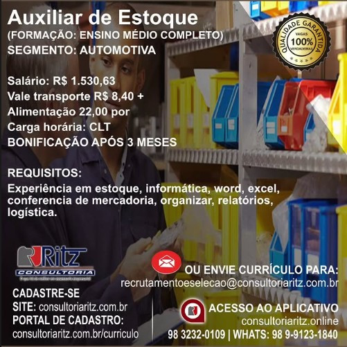 1 Vaga de emprego para Auxiliar De Estoque na empresa Ritz Consultoria em 12/09