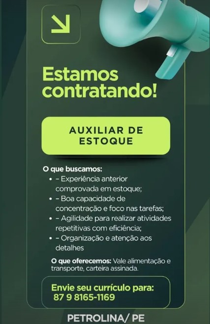 1 Vaga de emprego para Auxiliar De Estoque na Cidade de Petrolina em 18/09