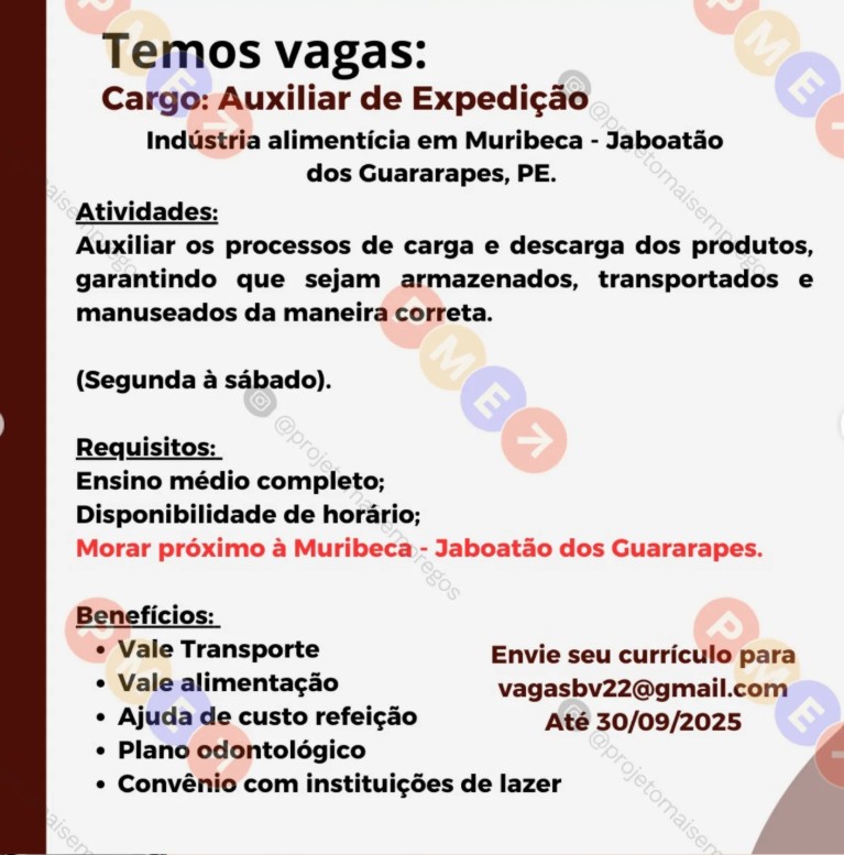1 Vaga de emprego para Auxiliar De Expedição sem experiência no Segmento alimentício em 25/09
