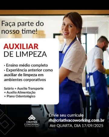 1 Vaga de emprego para Auxiliar De Limpeza na empresa Criativa Coworking em 12/09