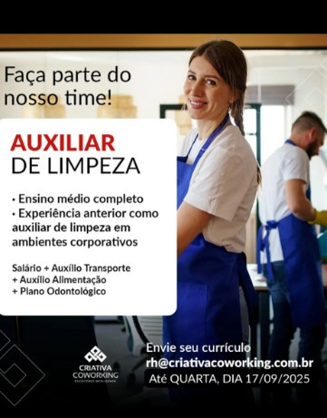 1 Vaga de emprego para Auxiliar De Limpeza na empresa Criativa Coworking em 12/09