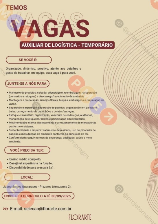 1 Vaga de emprego para Auxiliar De Logística sem experiência na empresa Florarte em 24/09