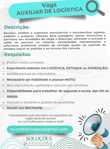 1 Vaga de emprego para Auxiliar De Logística na empresa Soluções Consultoria em 23/09