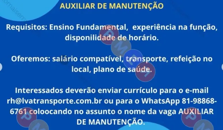 1 Vaga de emprego para Auxiliar De Manutenção na empresa LVA Logística e Transportes em 10/09