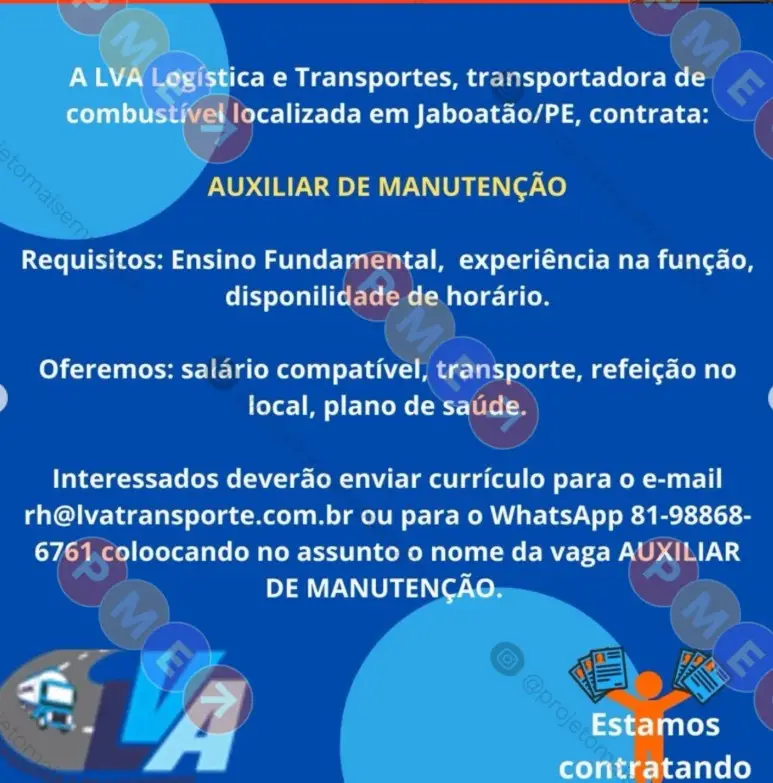 1 Vaga de emprego para Auxiliar De Manutenção na empresa LVA Logística e Transportes em 10/09