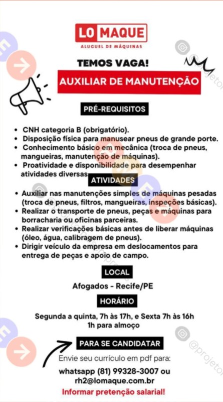 1 Vaga de emprego para Auxiliar De Manutenção sem experiência na empresa Lo Maque em 25/09