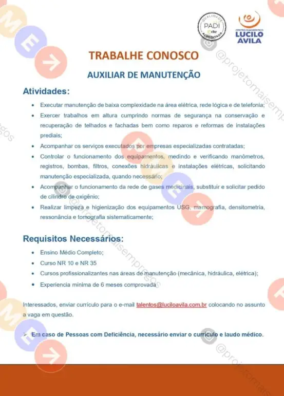 1 Vaga de emprego para Auxiliar De Manutenção na empresa Lúcilo Ávila em 09/09