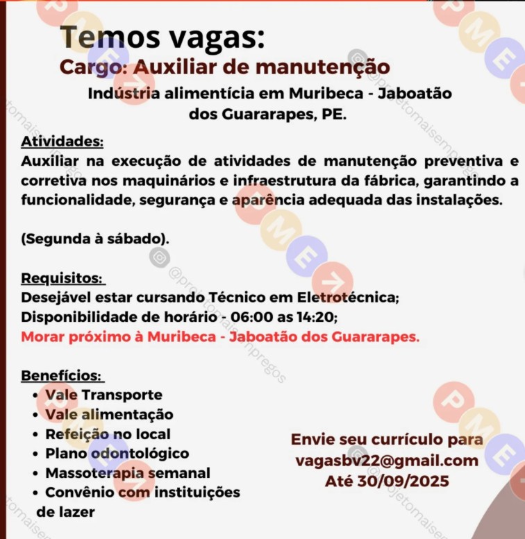 1 Vaga de emprego para Auxiliar De Manutenção sem experiência no Segmento alimentício em 24/09
