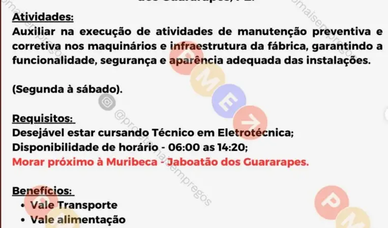 1 Vaga de emprego para Auxiliar De Manutenção sem experiência no Segmento alimentício em 10/09