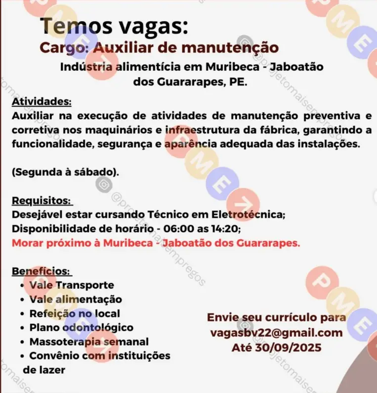 1 Vaga de emprego para Auxiliar De Manutenção sem experiência no Segmento alimentício em 10/09