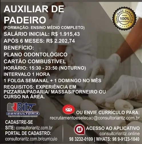 1 Vaga de emprego para Auxiliar De Padeiro na empresa Ritz Consultoria em 09/09