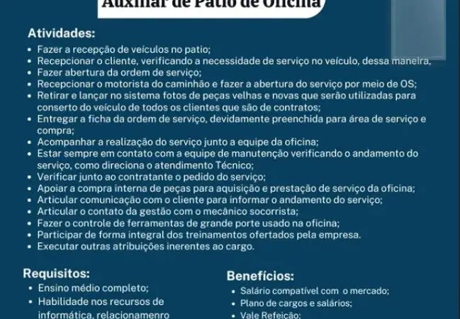 1 Vaga de emprego para Auxiliar De Pátio De Oficina sem experiência na empresa Centro Automotivo São João em 09/09