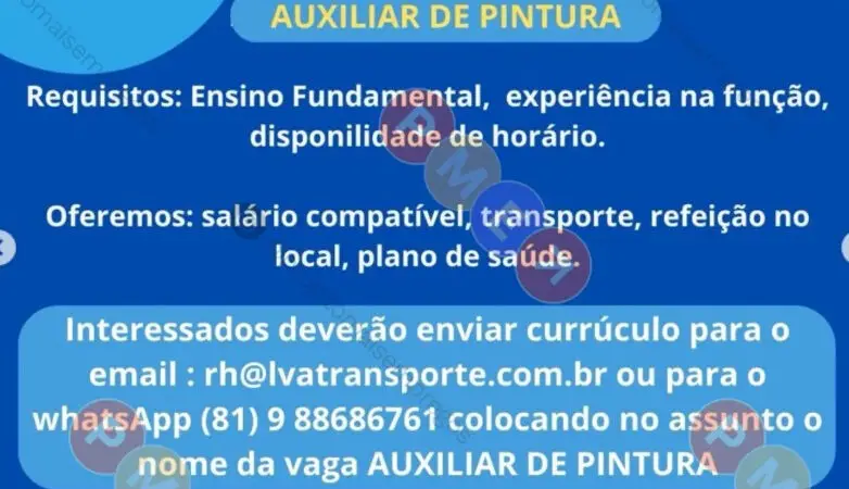 1 Vaga de emprego para Auxiliar De Pintura na empresa LVA Logística e Transportes em 10/09