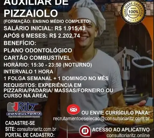 1 Vaga de emprego para Auxiliar De Pizzaiolo na empresa Ritz Consultoria em 09/09