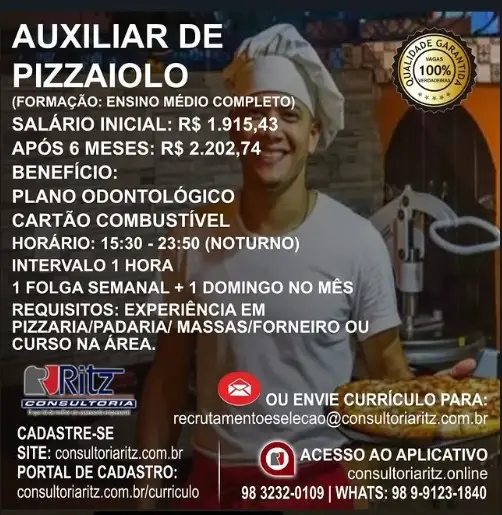 1 Vaga de emprego para Auxiliar De Pizzaiolo na empresa Ritz Consultoria em 09/09