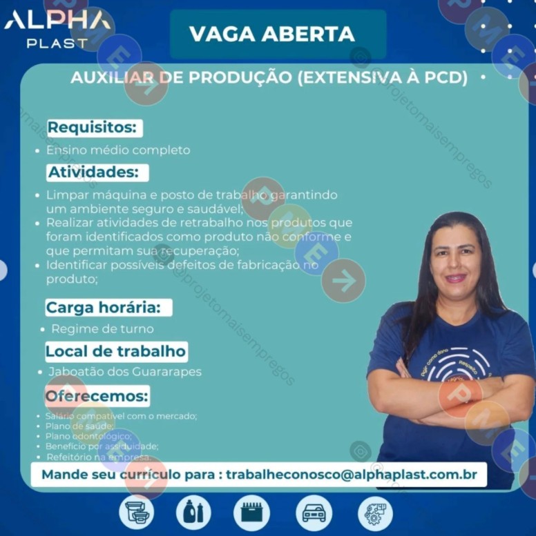 1 Vaga de emprego para Auxiliar De Produção sem experiência na empresa Alpha Plast em 27/09