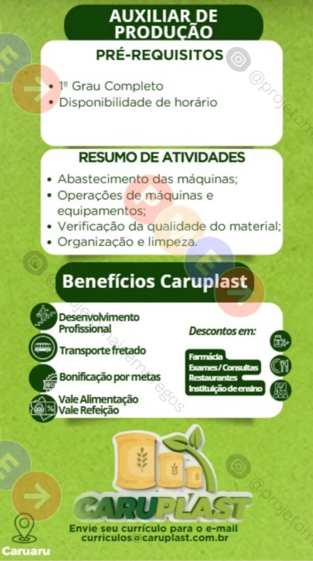 1 Vaga de emprego para Auxiliar De Produção sem experiência na empresa Caruplast em 22/09