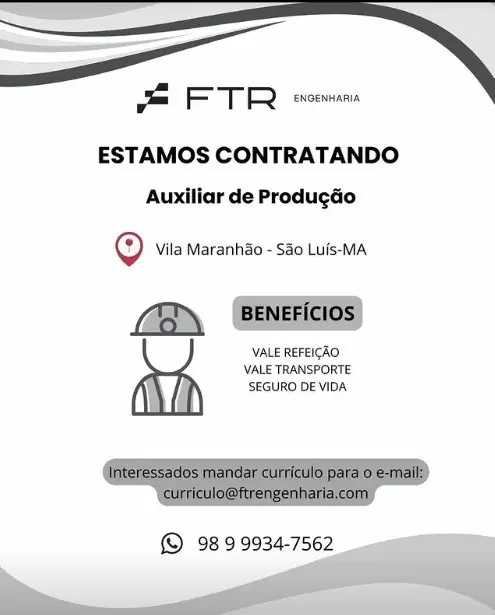 1 Vaga de emprego para Auxiliar De Produção na empresa FTR Engenharia em 11/09