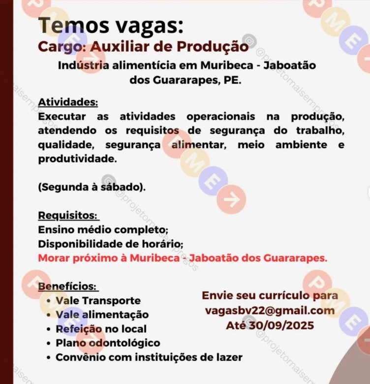 1 Vaga de emprego para Auxiliar De Produção sem experiência no Segmento alimentício em 24/09