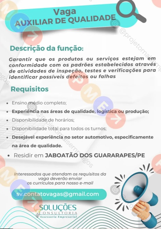 1 Vaga de emprego para Auxiliar De Qualidade na empresa Soluções Consultoria em 22/09
