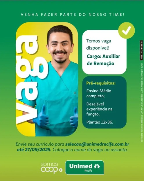 1 Vaga de emprego para Auxiliar De Remoção sem experiência na empresa UNIMED em 19/09