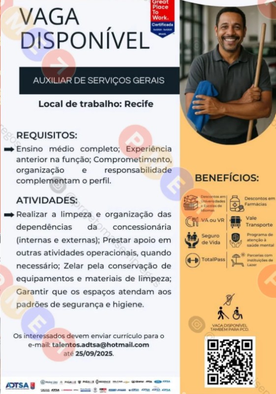 1 Vaga de emprego para Auxiliar De Serviços Gerais na empresa ADTSA em 22/09