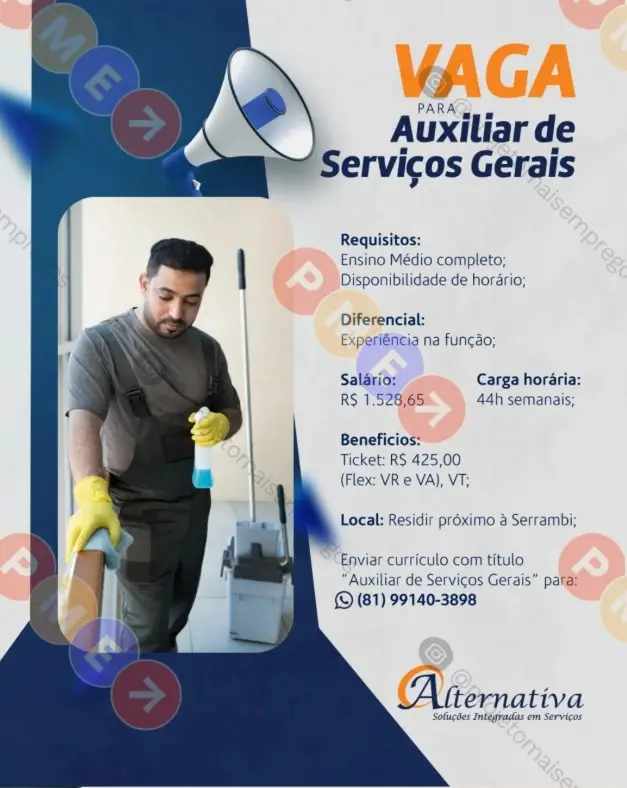 1 Vaga de emprego para Auxiliar De Serviços Gerais sem experiência na empresa Alternativa em 10/09