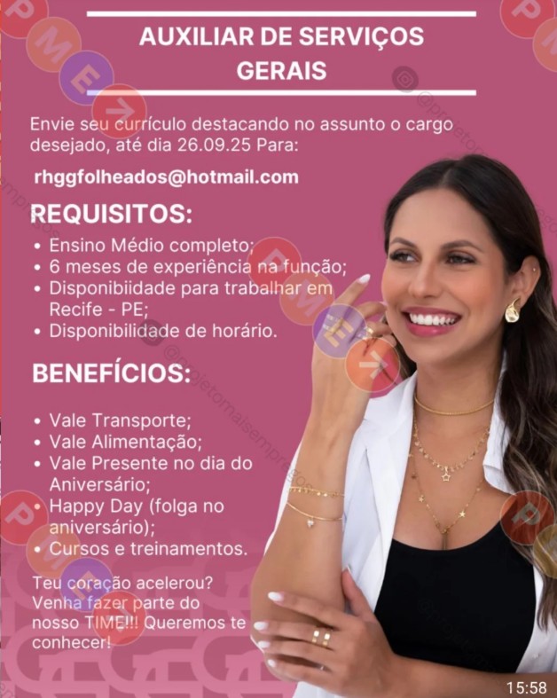 1 Vaga de emprego para Auxiliar De Serviços Gerais na empresa GG Folheados em 24/09
