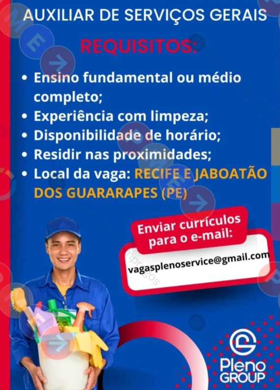 1 Vaga de emprego para Auxiliar De Serviços Gerais na empresa Pleno Group em 22/09