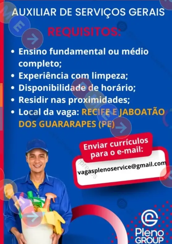 1 Vaga de emprego para Auxiliar De Serviços Gerais na empresa Pleno Group em 10/09