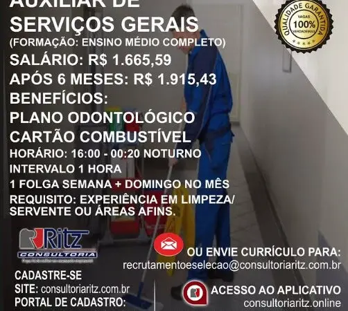 1 Vaga de emprego para Auxiliar De Serviços Gerais na empresa Ritz Consultoria em 09/09