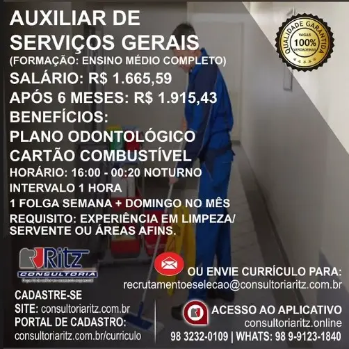 1 Vaga de emprego para Auxiliar De Serviços Gerais na empresa Ritz Consultoria em 09/09
