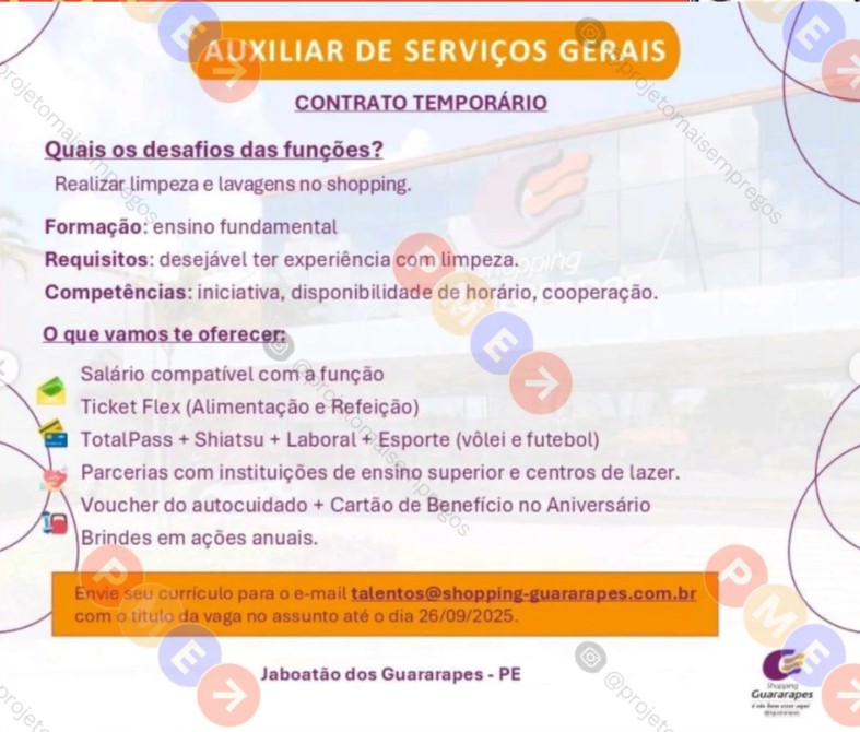 1 Vaga de emprego para Auxiliar De Serviços Gerais sem experiência na empresa Shopping Guararapes em 23/09