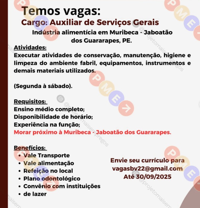 1 Vaga de emprego para Auxiliar De Serviços Gerais no Segmento alimentício em 24/09