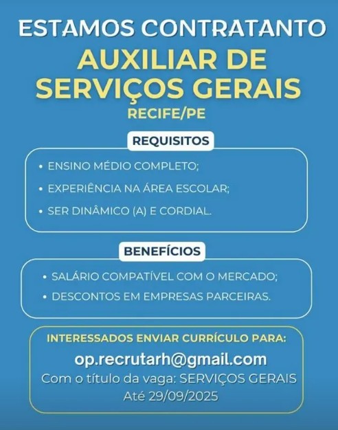 1 Vaga de emprego para Auxiliar De Serviços Gerais no Segmento escolar em 27/09
