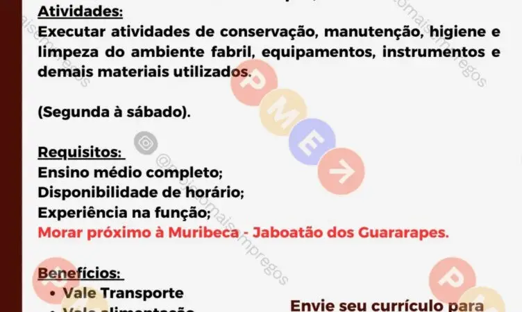 1 Vaga de emprego para Auxiliar De Serviços Gerais no Segmento alimentício em 10/09