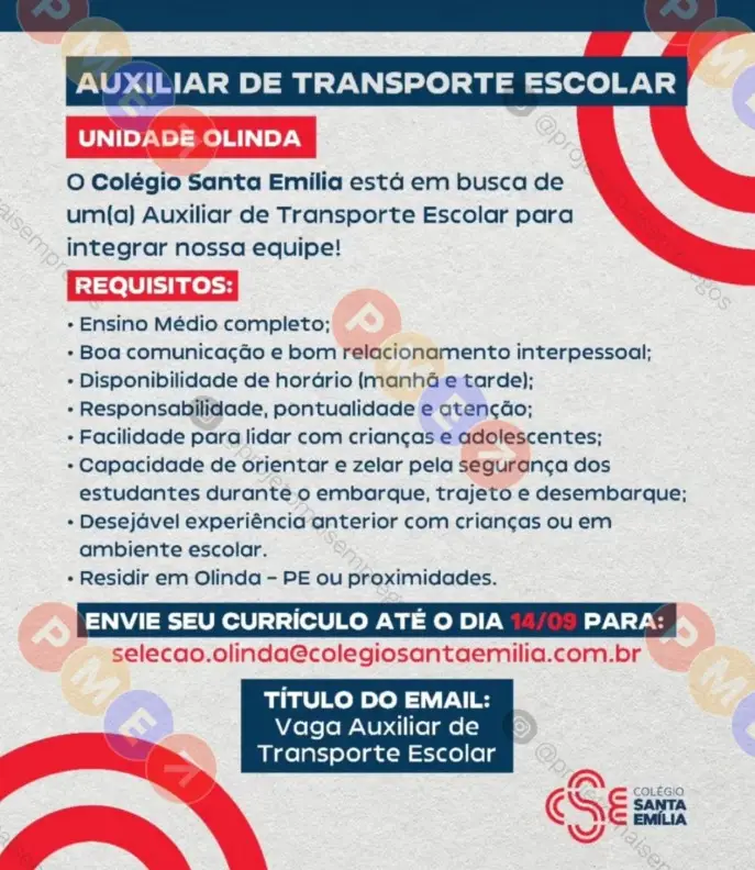 1 Vaga de emprego para Auxiliar De Transporte sem experiência no Segmento escolar em 09/09
