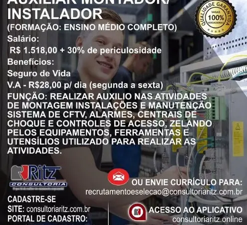 1 Vaga de emprego para Auxiliar Montador Instalador na empresa Ritz Consultoria em 09/09