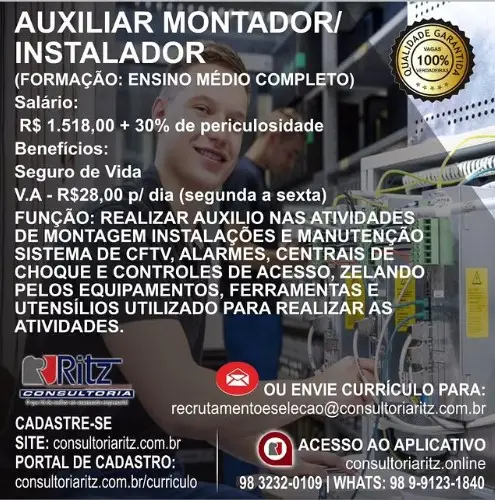 1 Vaga de emprego para Auxiliar Montador Instalador na empresa Ritz Consultoria em 09/09