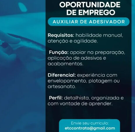 1 Vaga de emprego para Auxiliar sem experiência no Segmento de adesivagem em 10/09