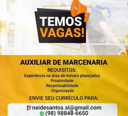 1 Vaga de emprego para Auxiliar no Segmento de marcenaria em 10/09