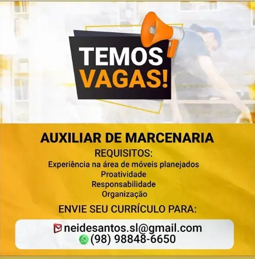 1 Vaga de emprego para Auxiliar no Segmento de marcenaria em 10/09
