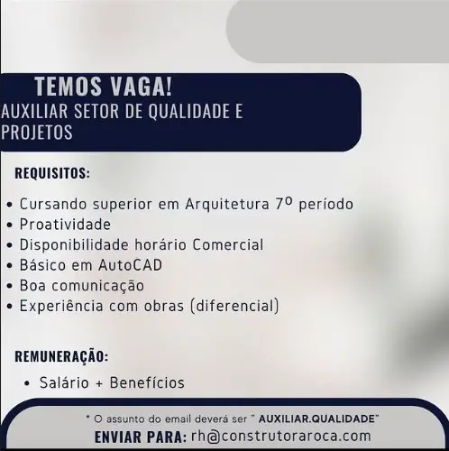 1 Vaga de emprego para Auxiliar Setor De Qualidade E Projetos sem experiência na empresa Construtora Roca em 11/09