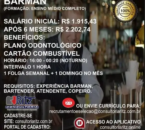 1 Vaga de emprego para Barman na empresa Ritz Consultoria em 09/09