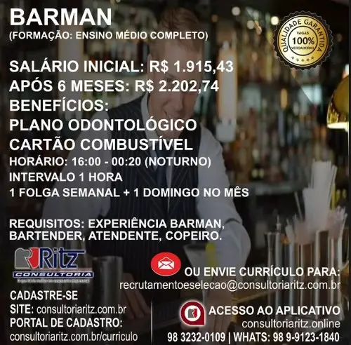 1 Vaga de emprego para Barman na empresa Ritz Consultoria em 09/09